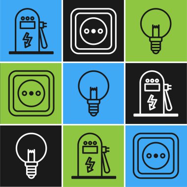 Elektrikli araba şarj istasyonu, ampul ve elektrik prizi simgesini ayarla. Vektör