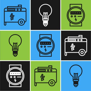 Hat portatif elektrik jeneratörü, elektrik sayacı ve ampulü fikir ikonu konseptiyle ayarla. Vektör