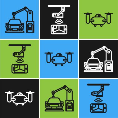 Endüstriyel makine robot kol kolu, İHA aksiyon kamerasıyla uçuyor ve kablosuz güvenlik kamerası ikonu. Vektör