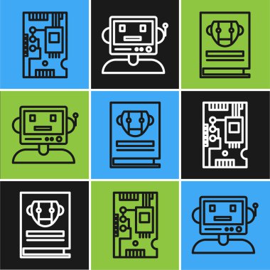 Elektronik bilgisayar bileşenlerini ana kart dijital çipi, kullanıcı el kitabını ve robot simgesini ayarla. Vektör