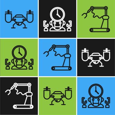 İHA 'yı hareket kamerasıyla, endüstriyel robot robot kol fabrikasıyla, Robot ve dijital zaman yöneticisi ikonuyla uçur. Vektör