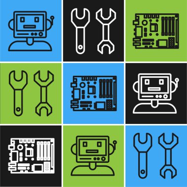 Robot hattı, Elektronik bilgisayar parçaları ana kart dijital çip ve Spanner simgesi. Vektör