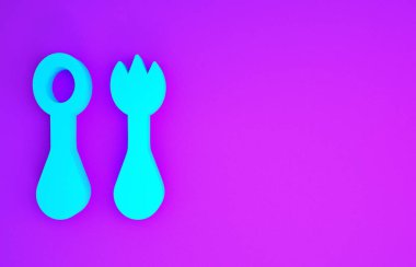 Mor zemin üzerinde çatal ve kaşık ikonu olan mavi plastik çatal bıçak takımı. Çocuk için çatal bıçak takımı. Çocukların yemek eşyaları. Minimalizm kavramı. 3d illüstrasyon 3B canlandırma