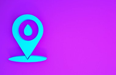 Mavi yakıt ikonu mor arka planda izole edilmiş. Benzin istasyonu ve harita göstergesi. Minimalizm kavramı. 3d illüstrasyon 3B canlandırma