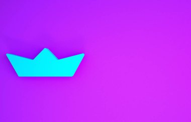Mavi katlanmış kağıt tekne simgesi mor arkaplanda izole edilmiş. Origami kağıt gemisi. Minimalizm kavramı. 3d illüstrasyon 3B canlandırma