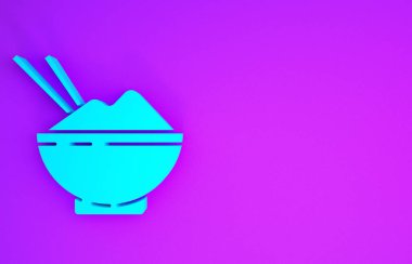 Mor arka planda izole edilmiş yemek çubuğu ikonu olan bir kasede mavi pirinç. Geleneksel Asya yemekleri. Minimalizm kavramı. 3d illüstrasyon 3B canlandırma
