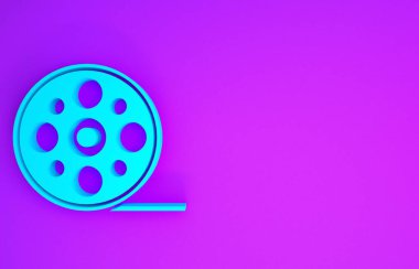 Mavi Film makarası simgesi mor arkaplanda izole edildi. Minimalizm kavramı. 3d illüstrasyon 3B canlandırma