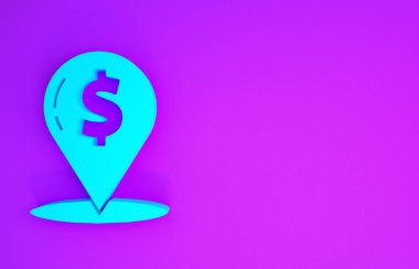 Mavi Nakit lokasyon simgesi mor arka planda izole edildi. İşaretçi ve dolar sembolü. Para yeri. İş ve yatırım konsepti. Minimalizm kavramı. 3d illüstrasyon 3B canlandırma