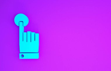 Mavi El dokun ve dokun jest ikonu mor arkaplanda izole edildi. Buraya tıklayın, parmak, dokunuş, işaret, imleç, fare sembolü. Minimalizm kavramı. 3d illüstrasyon 3B canlandırma