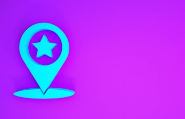 Mor zemin üzerinde yıldız simgesi olan mavi harita işaretçisi. Yıldız favori iğne haritası simgesi. Harita işaretleyicileri. Minimalizm kavramı. 3d illüstrasyon 3B canlandırma