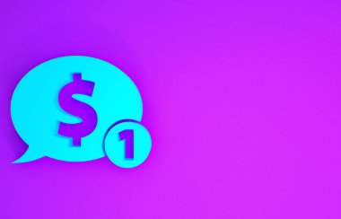 Mor arka planda dolar simgesi olan mavi konuşma balonu. Rozet fiyatına. Dolar sembollü indirim. Reklam etiketi indirimi. Minimalizm kavramı. 3d illüstrasyon 3B canlandırma