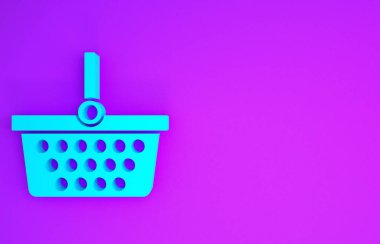 Mor arkaplanda mavi alışveriş sepeti simgesi izole edildi. İnternetten satın alma konsepti. Servis tabelası. Alışveriş arabası sembolü. Minimalizm kavramı. 3d illüstrasyon 3B canlandırma