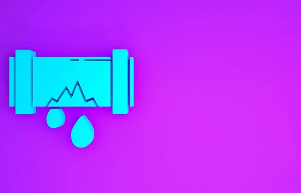 Blue Broken metal pipe with leaking water icon isolated on purple background. Minimalism concept. 3d illustration 3D render