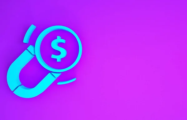 蓝色磁铁与货币图标隔离在紫色背景 吸引投资的概念 大企业的利润吸引力和成功 最低纲领的概念 3D渲染3D插图 — 图库照片