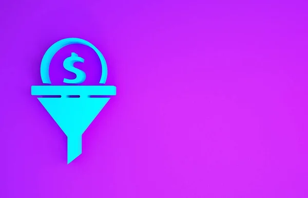 Blue Lead management icon isolated on purple background. Funnel with money. Target client business concept. Minimalism concept. 3d illustration 3D render