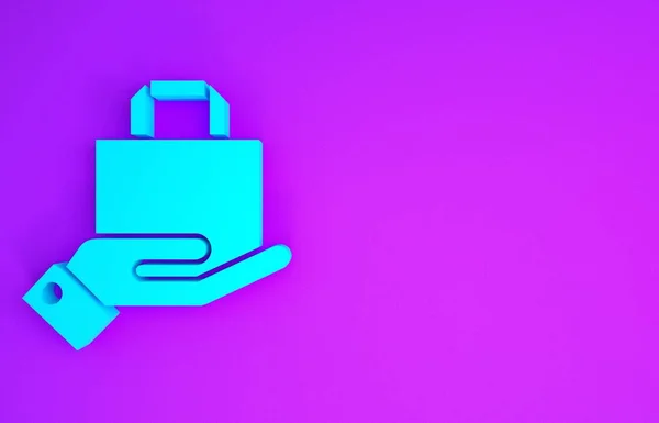 蓝色的手和纸购物袋图标隔离在紫色的背景 包装标志 最低纲领的概念 3D渲染3D插图 — 图库照片