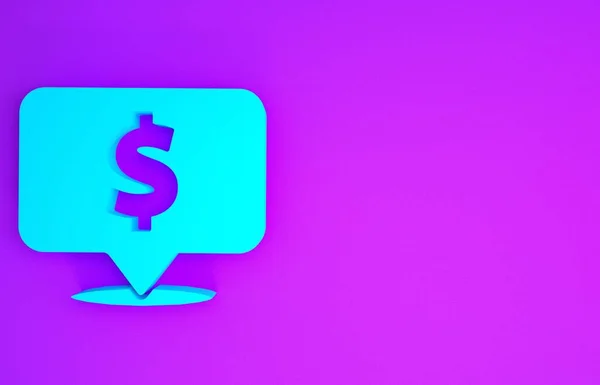蓝色语音泡沫与美元图标隔离在紫色背景 价格的徽章 有美元符号的销售 弹药标签折扣 最低纲领的概念 3D渲染3D插图 — 图库照片