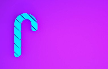 Mor arka planda izole edilmiş çizgili mavi Noel şekerleme çubuğu. Mutlu Noeller ve mutlu yıllar. Minimalizm kavramı. 3d illüstrasyon 3B canlandırma