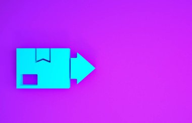 Mor arka planda izole edilmiş mavi karton kutu simgesi. Kutu, paket, paket işareti. Teslimat ve ambalaj. Minimalizm kavramı. 3d illüstrasyon 3B canlandırma