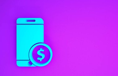 Mor arkaplanda dolar sembolü olan mavi akıllı telefon. İnternetten alışveriş konsepti. Finansal cep telefonu. Çevrimiçi ödeme. Minimalizm kavramı. 3d illüstrasyon 3B canlandırma
