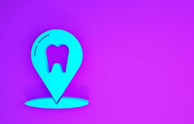 Mavi Diş Kliniği konumu simgesi mor arka planda izole edildi. Minimalizm kavramı. 3d illüstrasyon 3B canlandırma