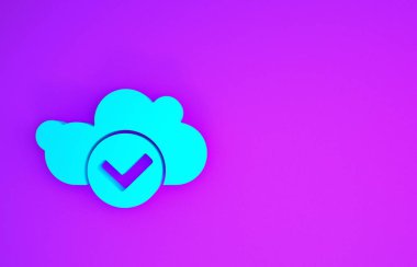 Mor arkaplanda işaretleme simgesi olan Mavi Bulut. Bulut depolama veri koruması. Bulut hesaplama. Minimalizm kavramı. 3d illüstrasyon 3B canlandırma
