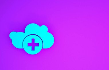 Mavi Ekle bulut simgesi mor arkaplanda izole edildi. Buluttaki veri depolama. Minimalizm kavramı. 3d illüstrasyon 3B canlandırma