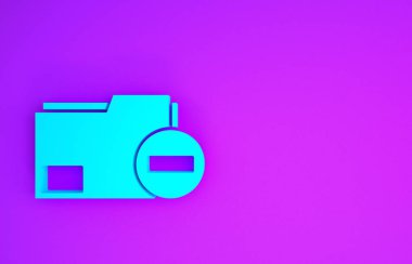 Mor arkaplanda eksi simge izole edilmiş Mavi Belge dizini. Belgeyi temizle. Dosya belgesini sil. Bilgi dosyasını sil. Minimalizm kavramı. 3d illüstrasyon 3B canlandırma