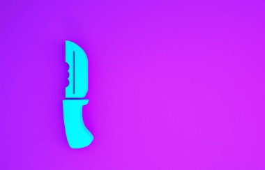 Mor arka planda izole edilmiş mavi askeri bıçak ikonu. Minimalizm kavramı. 3d illüstrasyon 3B canlandırma