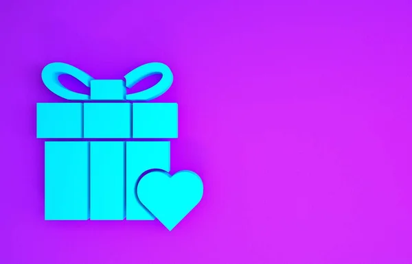 Blaue Geschenkschachtel Und Herzsymbol Isoliert Auf Violettem Hintergrund Valentinstag Minimalismus — Stockfoto