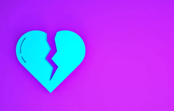 Blue Broken heart or divorce icon isolated on purple background. Love symbol. Valentines day. Minimalism concept. 3d illustration 3D render