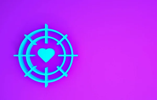 ダーツターゲットの中心にあるブルーハートは 紫色の背景に隔離されたアイコンを目指しています バレンタインデー 最小限の概念 3Dイラスト3Dレンダリング — ストック写真