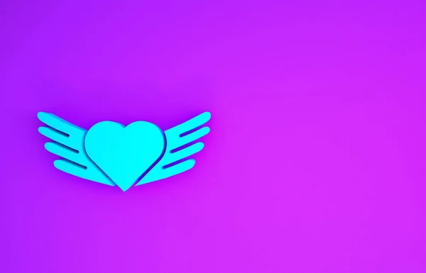 Blue Heart with wings icon isolated on purple background. Love symbol. Valentines day. Minimalism concept. 3d illustration 3D render