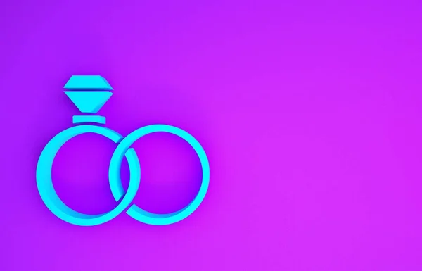 Blue Wedding rings icon isolated on purple background. Bride and groom jewelry sign. Marriage symbol. Diamond ring. Minimalism concept. 3d illustration 3D render