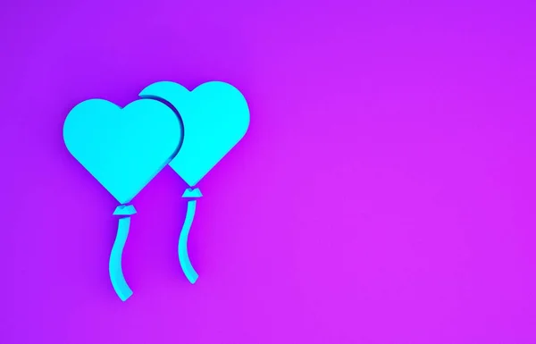 蓝色气球的心脏形式 带图标孤立在紫色背景 情人节 最低纲领的概念 3D渲染3D插图 — 图库照片