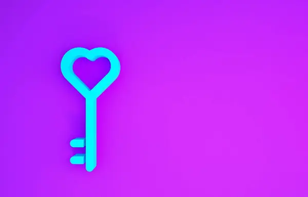 Modrý Klíč Tvaru Srdce Ikona Izolované Fialovém Pozadí Valentýn Minimalismus — Stock fotografie