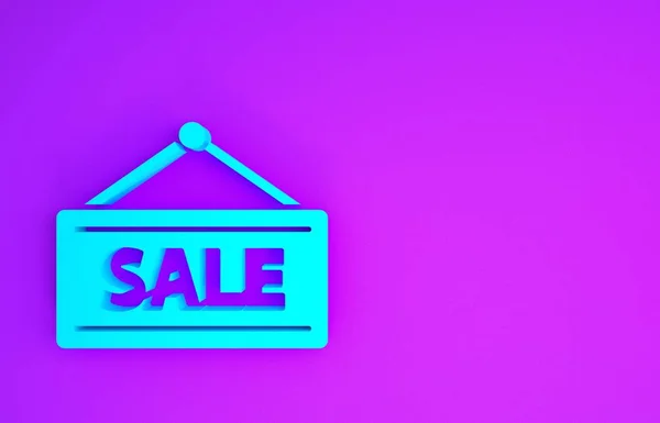 Blue Hanging sign with text Sale icon isolated on purple background. Signboard with text Sale. Minimalism concept. 3d illustration 3D render