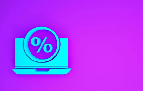 蓝色百分比符号折扣和笔记本电脑图标隔离在紫色背景 销售百分比 价格标签 最低纲领的概念 3D渲染3D插图 — 图库照片