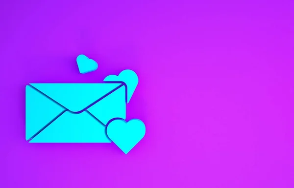 蓝色信封上有紫色背景的情人节心脏图标 爱的信息信上的爱情和浪漫最低纲领的概念 3D渲染3D插图 — 图库照片