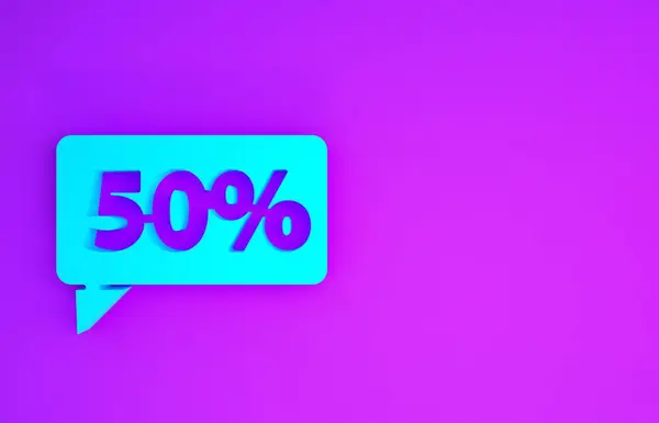 蓝色50 折扣标签图标孤立的紫色背景 购物标签的标志 特殊的报价标志 折扣优惠券的符号 最低纲领的概念 3D渲染3D插图 — 图库照片