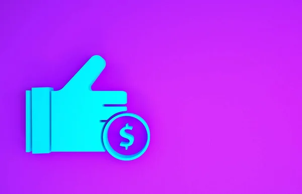 Blue Hand Holding Coin Icon Isolated Purple Background Dollar Usd — Stock Photo, Image