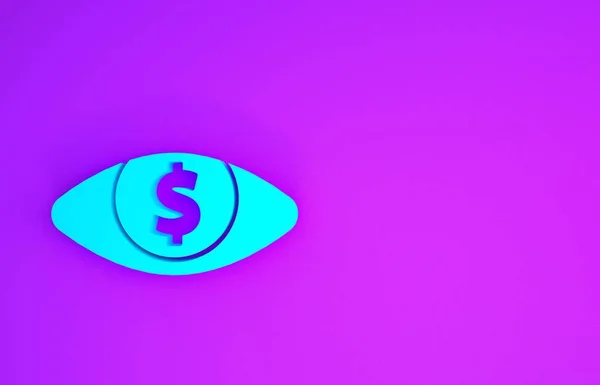 Blue Eye with dollar icon isolated on purple background. Minimalism concept. 3d illustration 3D render