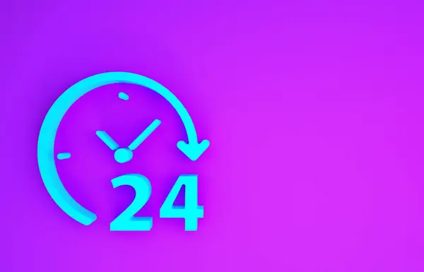 蓝色时钟24小时图标隔离在紫色背景 整天循环图标 24小时服务标志 最低纲领的概念 3D渲染3D插图 — 图库照片