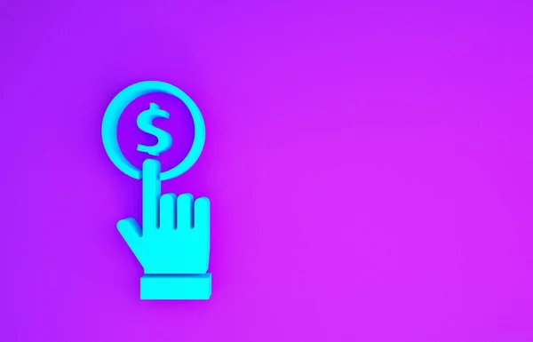 Blue Hand Holding Coin Icon Isolated Purple Background Dollar Usd — Stock Photo, Image