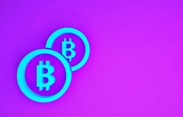 Azul Criptomoeda Ícone Moeda Bitcoin Isolado Fundo Roxo Moeda Física — Fotografia de Stock