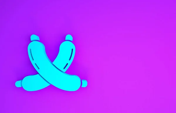 蓝色交叉香肠图标孤立在紫色背景 烤香肠和香味标志 最低纲领的概念 3D渲染3D插图 — 图库照片