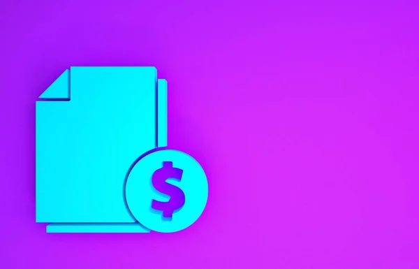 蓝色财务文件图标孤立在紫色背景 作为发票或票据概念的带有美元硬币的纸面银行单据 最低纲领的概念 3D渲染3D插图 — 图库照片