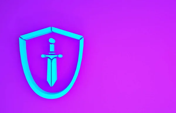 Escudo Medieval Azul Com Ícone Espada Isolado Fundo Roxo Conceito — Fotografia de Stock