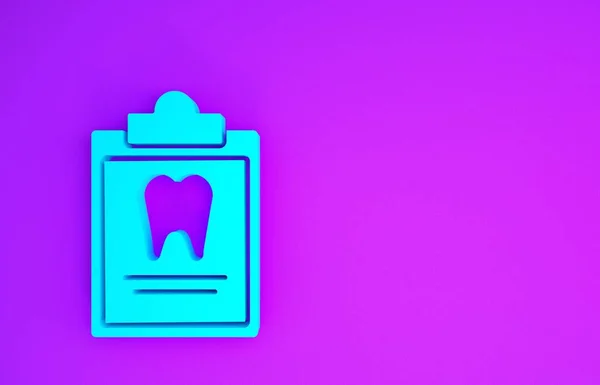 歯のカードや患者の医療記録のアイコンが紫色の背景に隔離された青のクリップボード 歯科保険 歯医者の報告書 最小限の概念 3Dイラスト3Dレンダリング — ストック写真