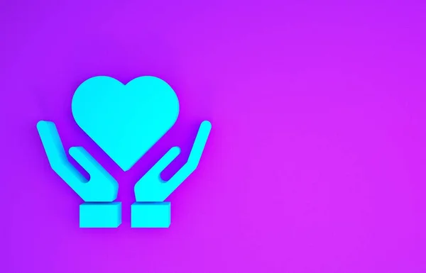 Blue Heart Hand Icon Isolated Purple Background Hand Giving Love — Stockfoto